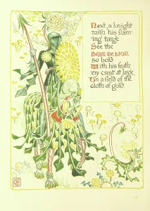 Next, a knight with his flaming targe See the Dent-De-Lion so bold, 1899. Creator: Walter Crane