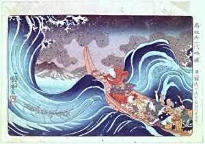 Utagawa Gallery: Nichiren Calming the Storm, 19th century. Artist: Utagawa Kuniyoshi