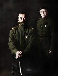 Alexei Nikolaievich Gallery: Nicholas II, Tsar of Russia and his son, Alexei, in military uniform, 1915
