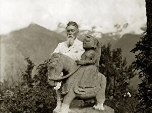 Roerich Gallery: Nicholas Roerich by the equestrian statue of Guga Chauhan at the Kullu Valley, 1932-1933