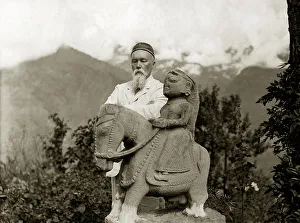Roerich Prints: Nicholas Roerich by the equestrian statue of Guga Chauhan at the Kullu Valley, 1932-1933