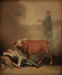 Abildgaard Nicolai Abraham Prints: Niels Klim thinks he hears the Deacon when he is awakened by a Bull