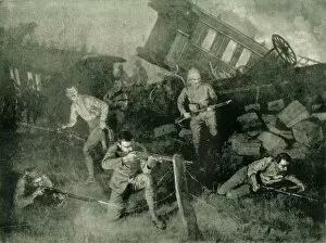 Barbed Wire Gallery: A Night Attack: Defending a Train Derailed by the Boers, 1902. Creator: Frank Dadd