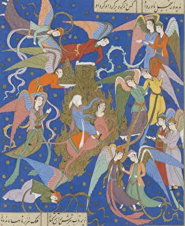 Isfahan School Gallery: The night journey of the Prophet. (From a Manuscript of the Khamsa of Nizami), c. 1620
