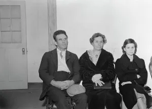 Borrowing Prints: Night meeting in the FSA office, Tulare County, California, 1938. Creator: Dorothea Lange