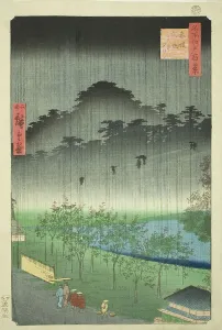 Rissho Prints: Night Rain at the Paulownia Grove at Akasaka (Akasaka Kiribatake uchu yukei)