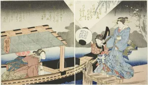Swastika Prints: Night scene aboard a pleasure boat, c. 1830s. Creator: Utagawa Kuniyoshi