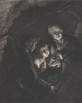 C Hutin Collection: Night scene in a cave with an old woman holding burning coals in a pot, a boy blowi