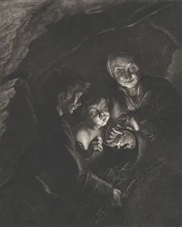 C Hutin Collection: Night scene in a cave with an old woman holding burning coals in a pot, a boy blowi