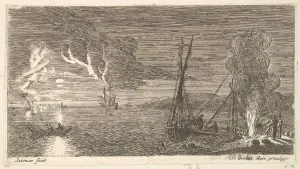 Nooms Prints: Night Scene with Fisherman Standing by a Fire, 17th century. Creator: Reinier Zeeman