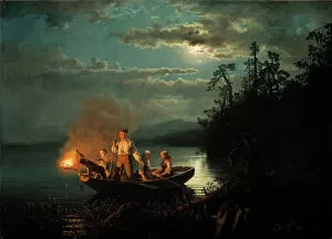 River Landscape Gallery: Night spear fishing on the Kroderen Lake. Artist: Gude, Hans (1825-1903)