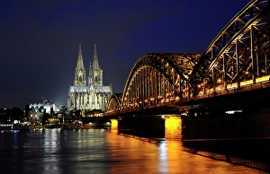 Night view of the Hohenzollern Bridge over the Rhine, Cologne, Germany, 2018. Creator: LTL