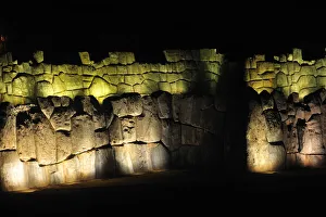 Night view of Sacsahuaman Fortress with lighting, Cusco, Peru, 2015. Creator: Luis Rosendo