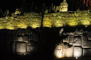 Saksaq Waman Collection: Night view of Sacsahuaman Fortress with lighting, Cusco, Peru, 2015. Creator: Luis Rosendo