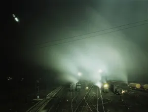 Railroad Shop Prints: Night view of part of Santa Fe R. R. yard, Kansas City, Kansas, 1943. Creator: Jack Delano