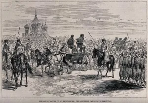 Alexander Nikolayevich Prints: The Nihilists carried to Execution in St. Petersburg, ca 1881. Artist: Anonymous