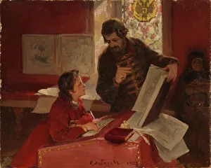 Peter I Prints: Nikita Zotov teaches young Peter I, 1902. Artist: Lebedev, Klavdi Vasilyevich (1852-1916)