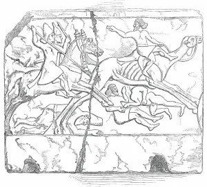 Babylonia Prints: Nimroud Sculptures...Flight of an Arab Mounted upon a Camel, 1850. Creator: Unknown