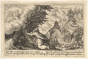 Passe Gallery: Noah kneeling before God at left, the construction of the ark underway beyond