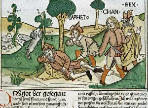 Noah and his sons, scene in the Bible of Nuremberg written in German, 1483