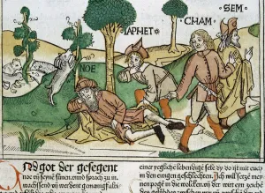 Bartolomé March Library Gallery: Noah and his sons, scene in the Bible of Nuremberg written in German, 1483