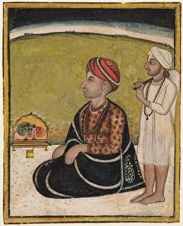Noble seated on an outdoor parapet worshiping a shrine of Krishna fluting, c. 1800