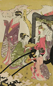 Oban Triptych Prints: Noble woman in a carriage viewing cherry blossoms, c. 1796. Creator: Hosoda Eishi
