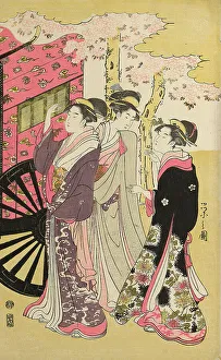 Oban Triptych Prints: Noble woman in a carriage viewing cherry blossoms, c. 1796. Creator: Hosoda Eishi