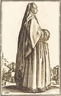 Callot Jacques Collection: Noble Woman Wearing a Veil and a Dress Trimmed in Fur. Creator: Unknown