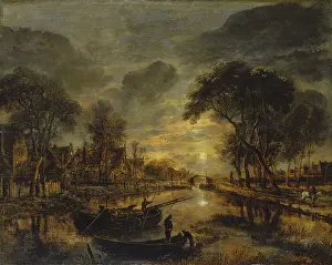 Water Surface Prints: Nocturnal Canal Landscape with Fishing Boats, c1645-1650. Creator: Aert van der Neer
