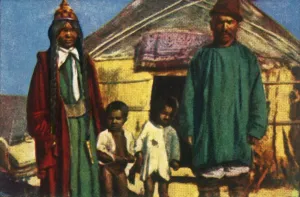 Nomadic Prints: Nomads outside their yurt, west Mongolia, c1928. Creator: Unknown