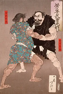 Wrestling Match Prints: Nomi no Sukune Wrestling with Taima no Kehaya, 1885. Creator: Tsukioka Yoshitoshi