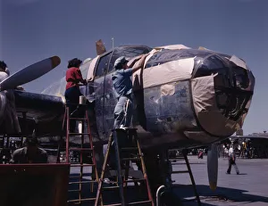 War Production Gallery: North American B-25 bomber is prepared...North American Aviation, Inc. Inglewood, Calif. 1942