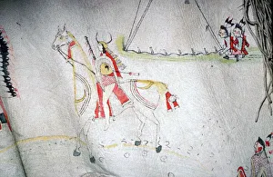 Arapaho Prints: North American Indian decorated skin, showing a horse and rider, from the Arapaho tribe