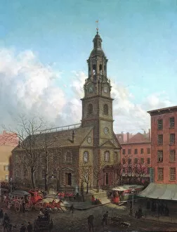 Steeple Collection: The North Dutch Church, Fulton and William Streets, New York, 1869. Creator: Edward Lamson Henry