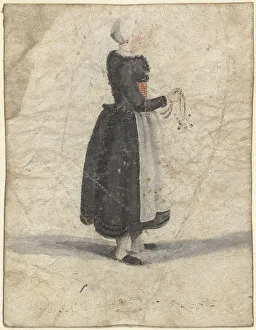 Geesie Ter Burch Prints: North Holland woman standing with an ornament or bag in hand