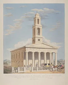 North west view of St George, Camberwell with figures in the front. Camberwell, London, 1827