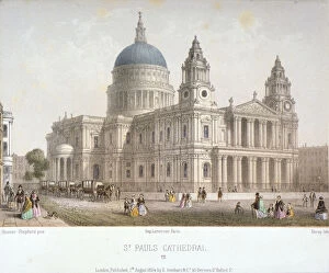 Deroy Gallery: North-west view of St Pauls Cathedral with figures walking in front, City of London, 1854