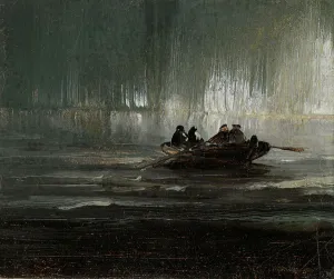 Oslo Prints: Northern Lights over Four Men in a Rowboat. Creator: Balke, Peder (1804-1887)