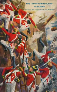 Wollen Prints: The Northumberland Fusiliers. Storming the ramparts of San Vincente, 1812, (1939)
