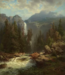 Norwegian Landscape with a Waterfall, 1849. Creator: August Wilhelm Leu