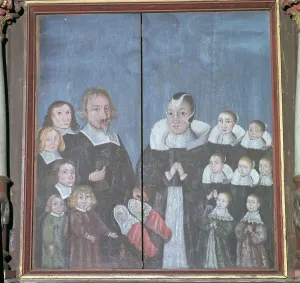 Norwegian painting showing a family with fourteen children, 17th century