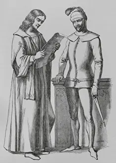 Document Prints: Notary and henchman in the 15th century, Italy, 1878. Creator: Unknown