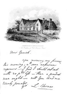 Borrowing Gallery: A note from Sterne to Garrick, and a view of Sternes house in Yorkshire, 18th century, (1840)