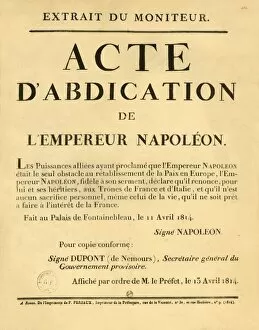 Notice announcing the Emperor Napoleons abdication, 11 April 1813, (1921). Creator: Unknown
