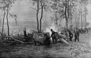 Field Gun Prints: Notre Artillerie de Campagne; Le 75 en action, 1914. Creator: Georges Bertin Scott