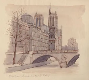 Notre Dame Cathedral and Pont St-Michel, 1951. Creator: Shirley Markham