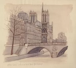 Notre Dame De Paris Gallery: Notre Dame Cathedral and Pont St-Michel, 1951. Creator: Shirley Markham