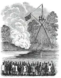 Novel experiments in warfare - shower of hand-rockets, 1844. Creator: Unknown Novel experiments in warfare - shower of hand-rockets, 1844. Creator: Unknown