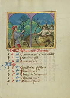 November Calendar Page; Gathering Acorns for Pigs; Sagittarius; Book of Hours, early 16th century. Creator: Unknown